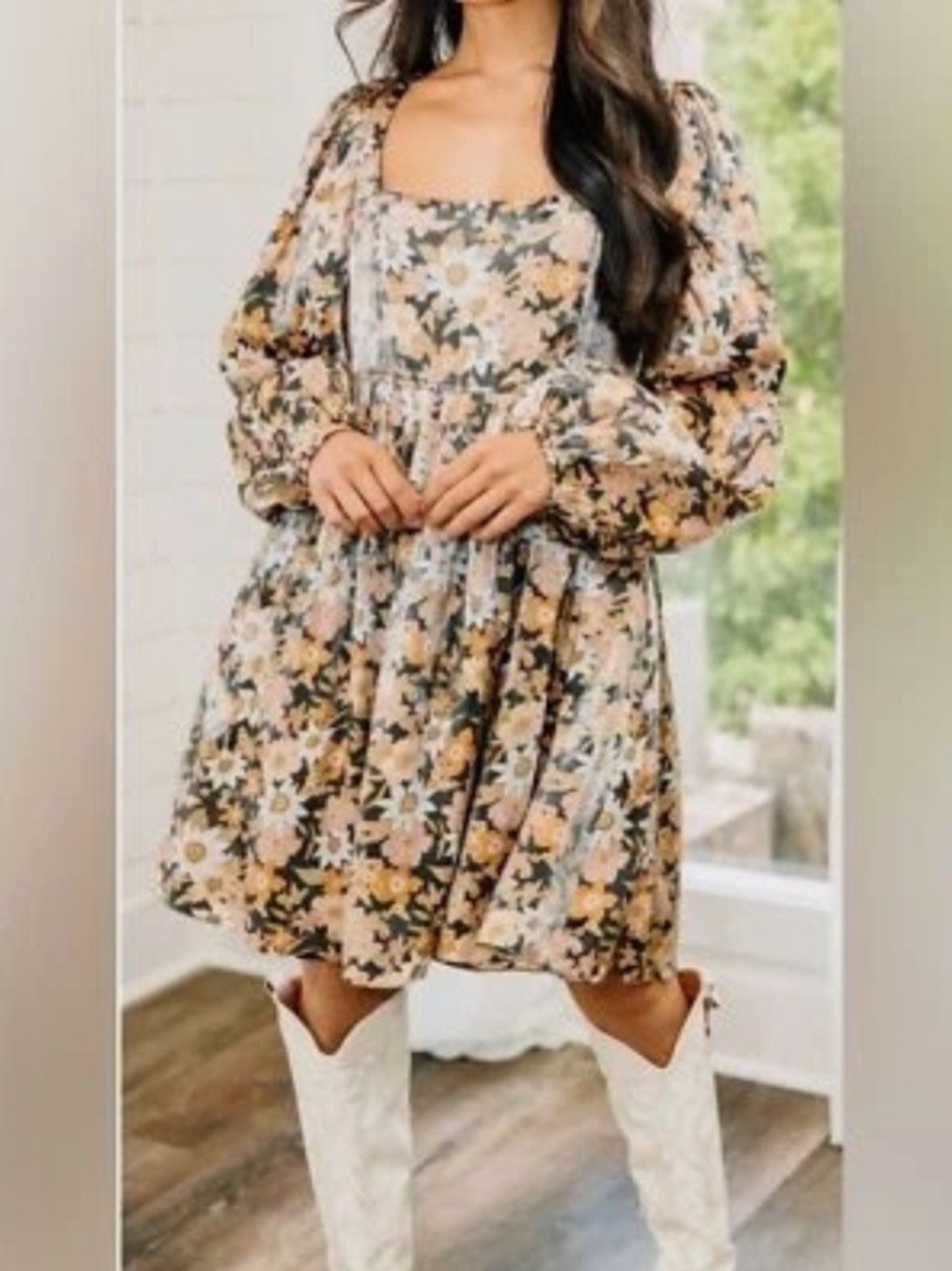 Beige Floral Square-Neck Puff Sleeve Dress